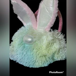Fuzzy pastel  tie dyed colored Easter bunny basket.
